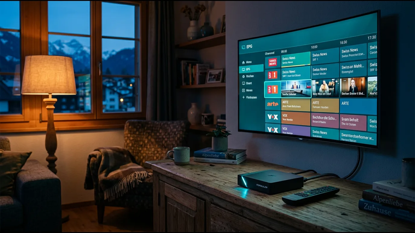 Téléviseur connecté affichant l’interface IPTV dans un salon français chaleureux