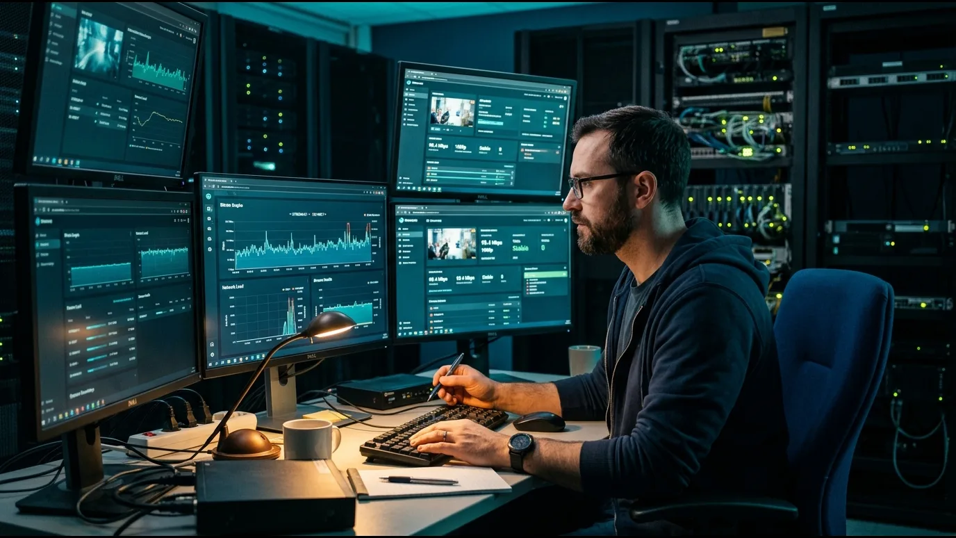 Technicien vérifiant la stabilité des serveurs IPTV anti-freeze sur plusieurs écrans