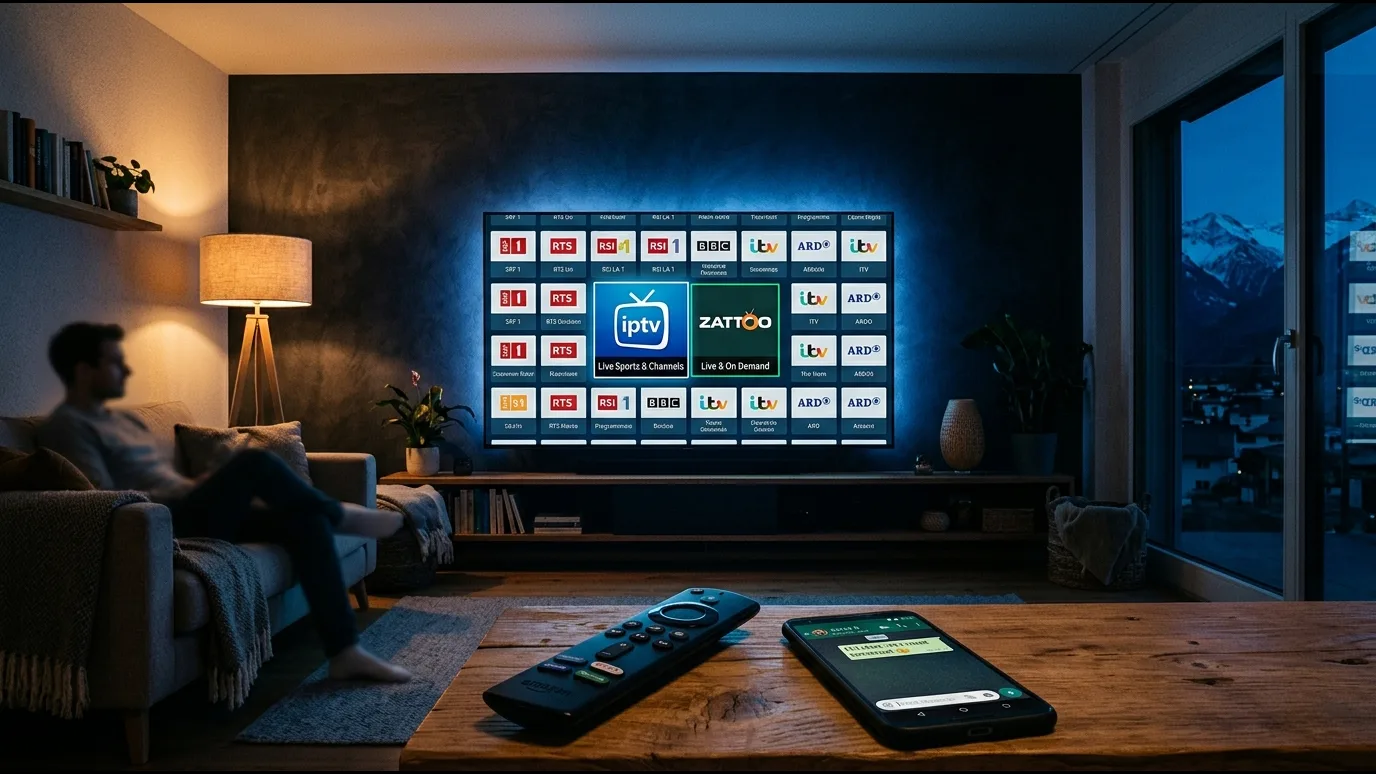 Homme consultant des avis IPTV sur tablette dans un salon parisien