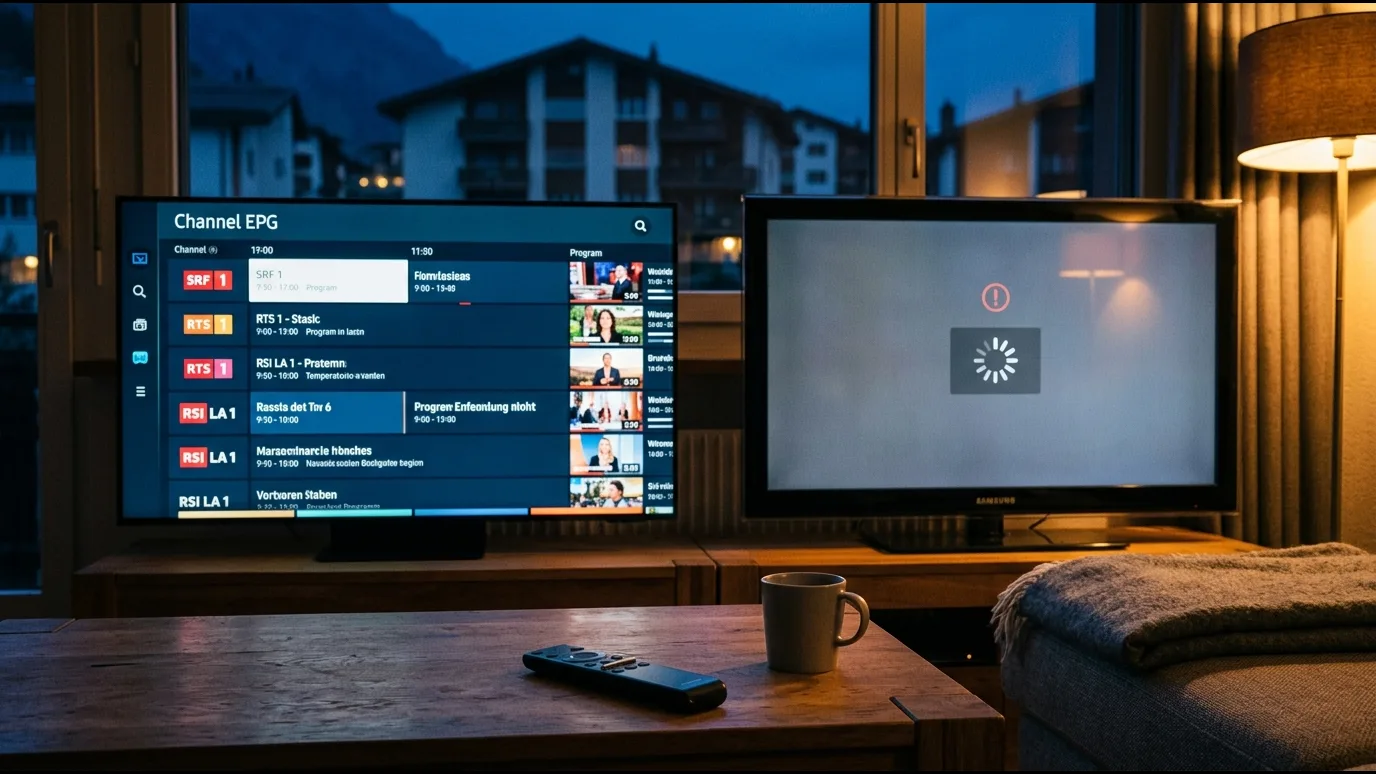 Écran de Smart TV affichant le catalogue de chaînes IPTV classé par catégories