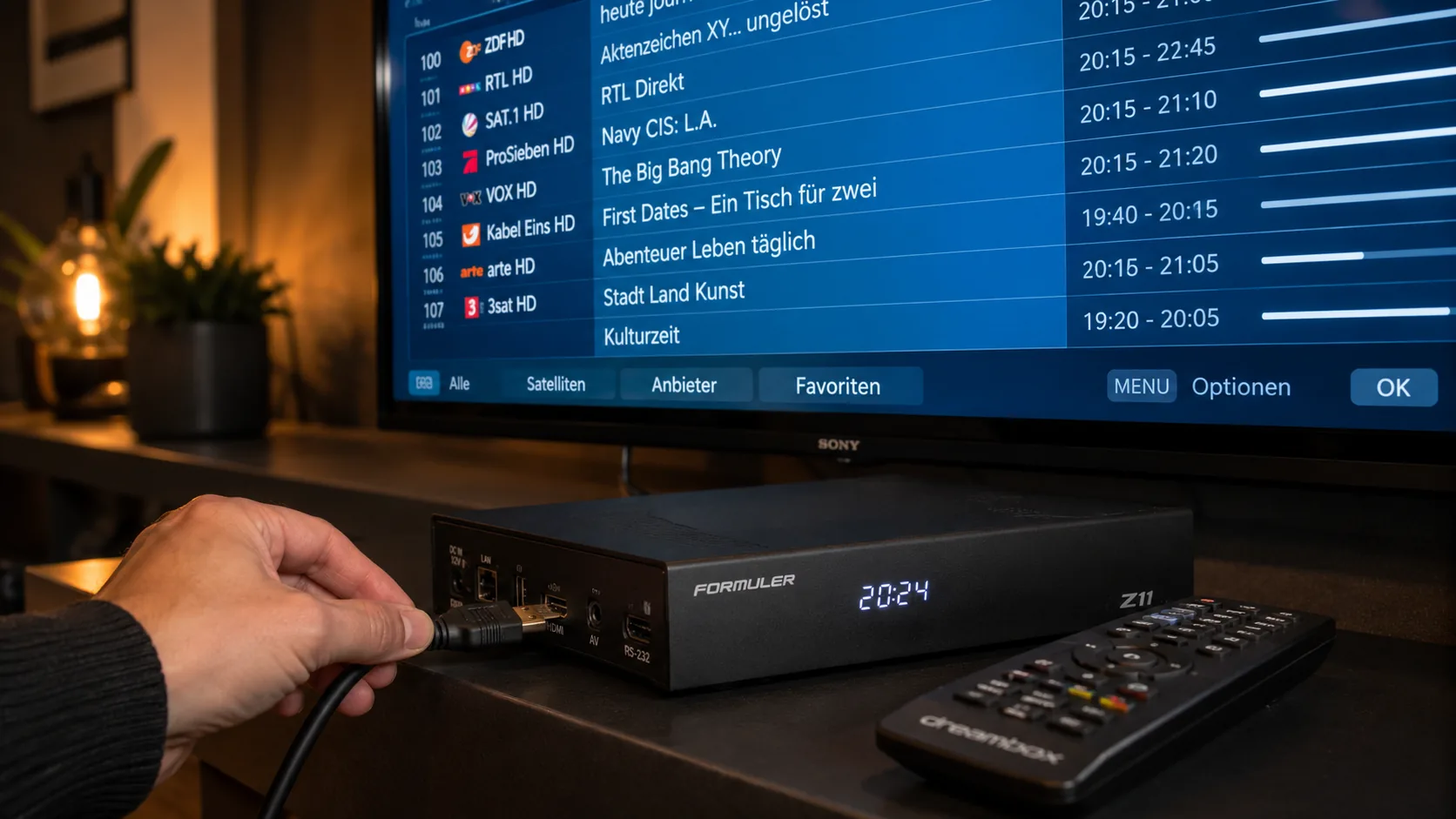 Guide électronique des programmes IPTV affiché sur une tablette dans un salon