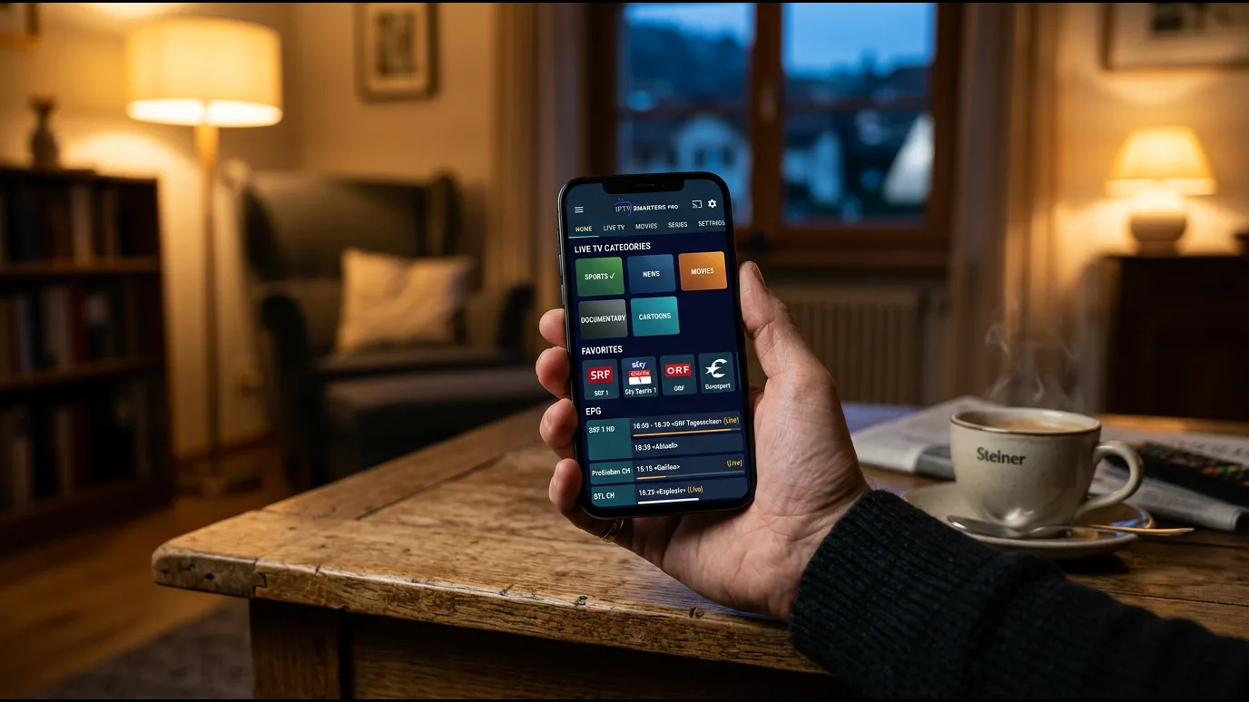 Recherche « iptv adulte » affichée sur un écran de smartphone tenu à la main