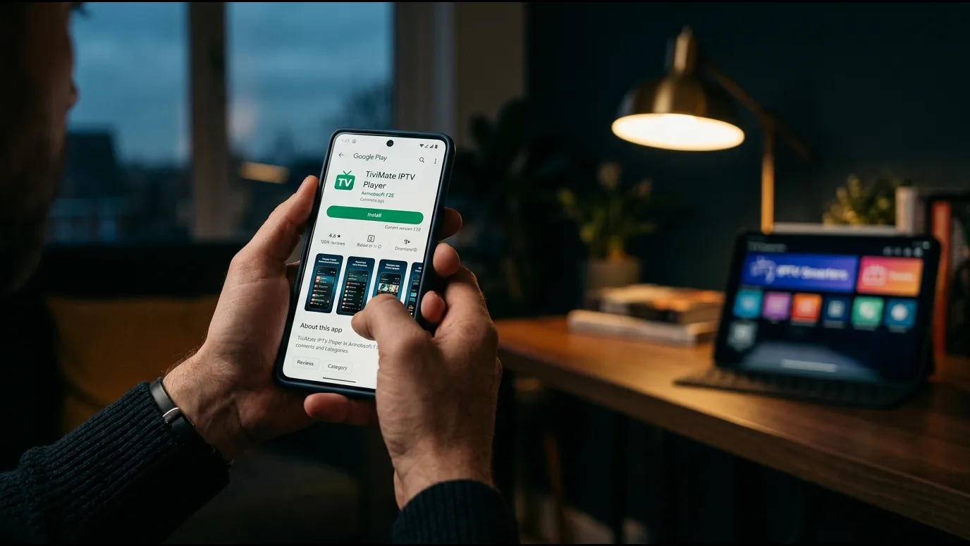 Jeune femme installant une application IPTV depuis le Google Play Store sur son smartphone Android