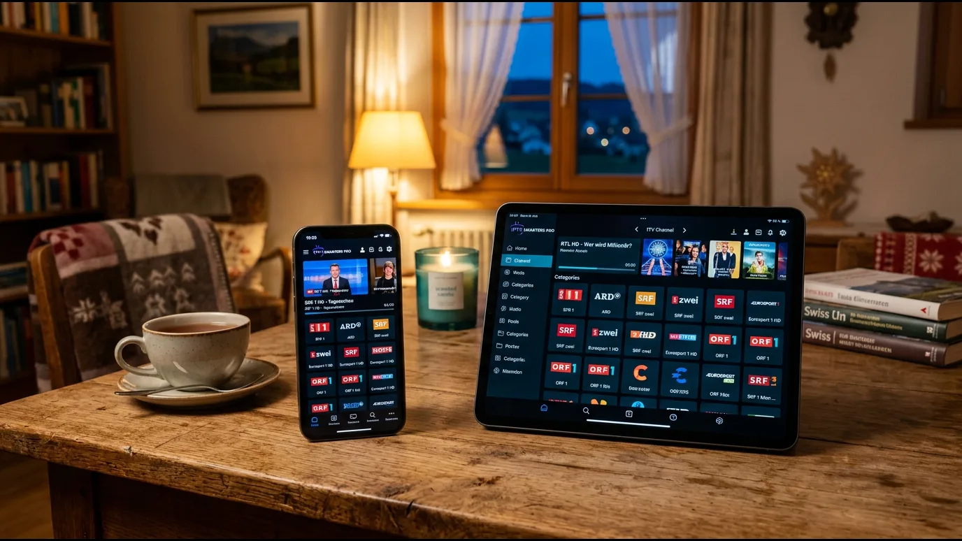 Apple TV, iPhone et iPad posés ensemble affichant chacun une interface IPTV