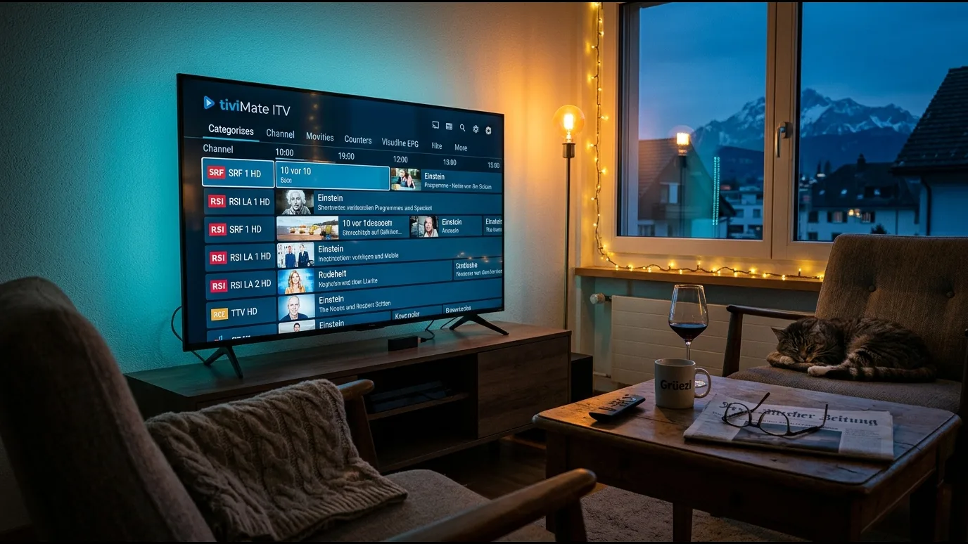 Écran de télévision affichant un guide de chaînes IPTV avec DAZN et RMC Sport