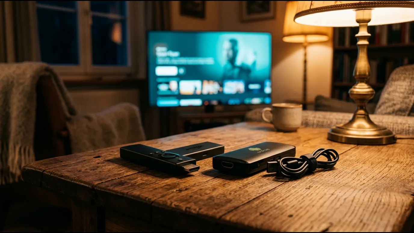 Salon français avec Fire TV Stick branché en HDMI sur un téléviseur moderne