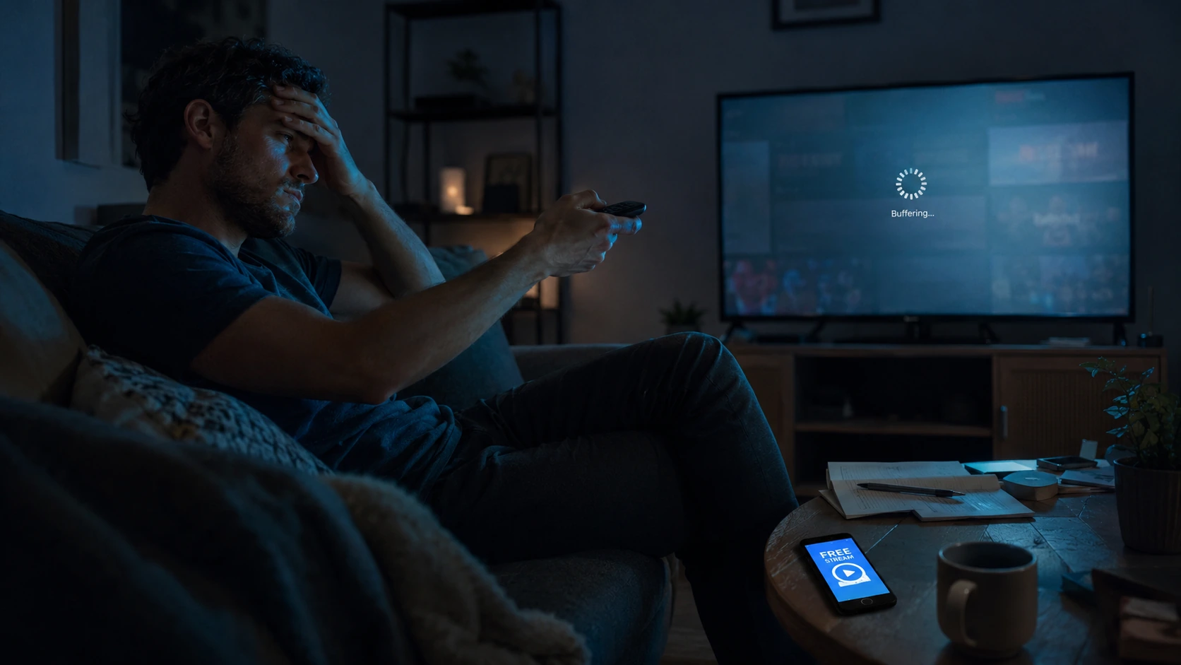 Technicien vérifiant le câblage Ethernet entre un boîtier IPTV et une Freebox dans un salon