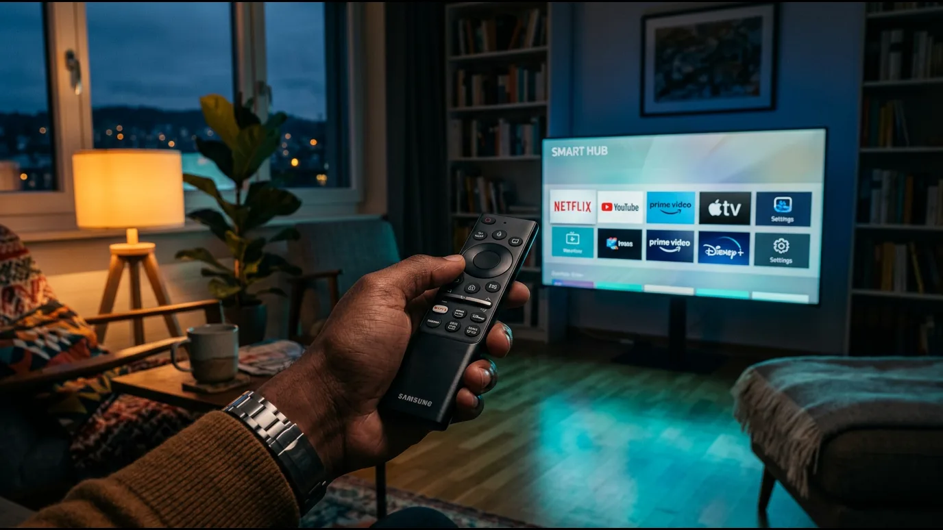 Main tenant un smartphone affichant une conversation WhatsApp d’activation IPTV