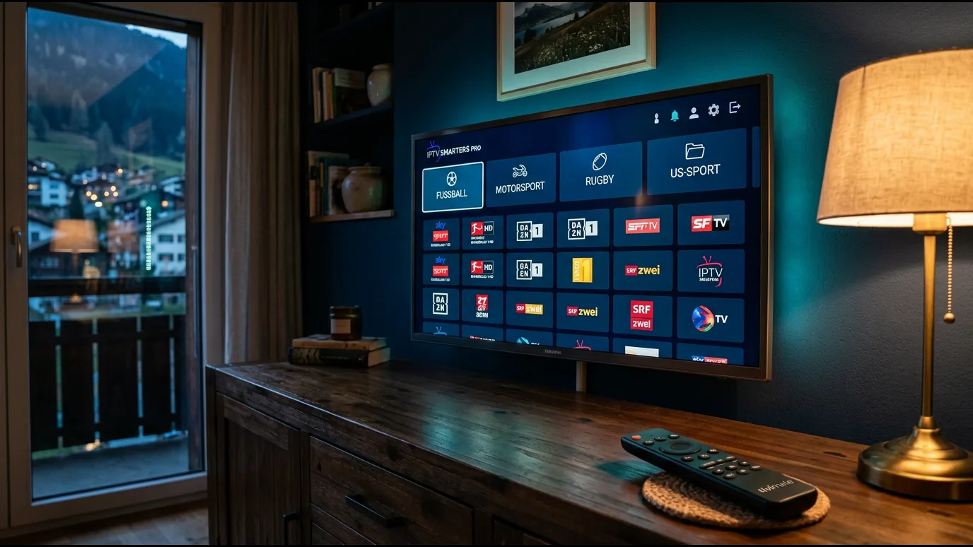 Télécommande Samsung devant un téléviseur affichant le menu d’applications Tizen