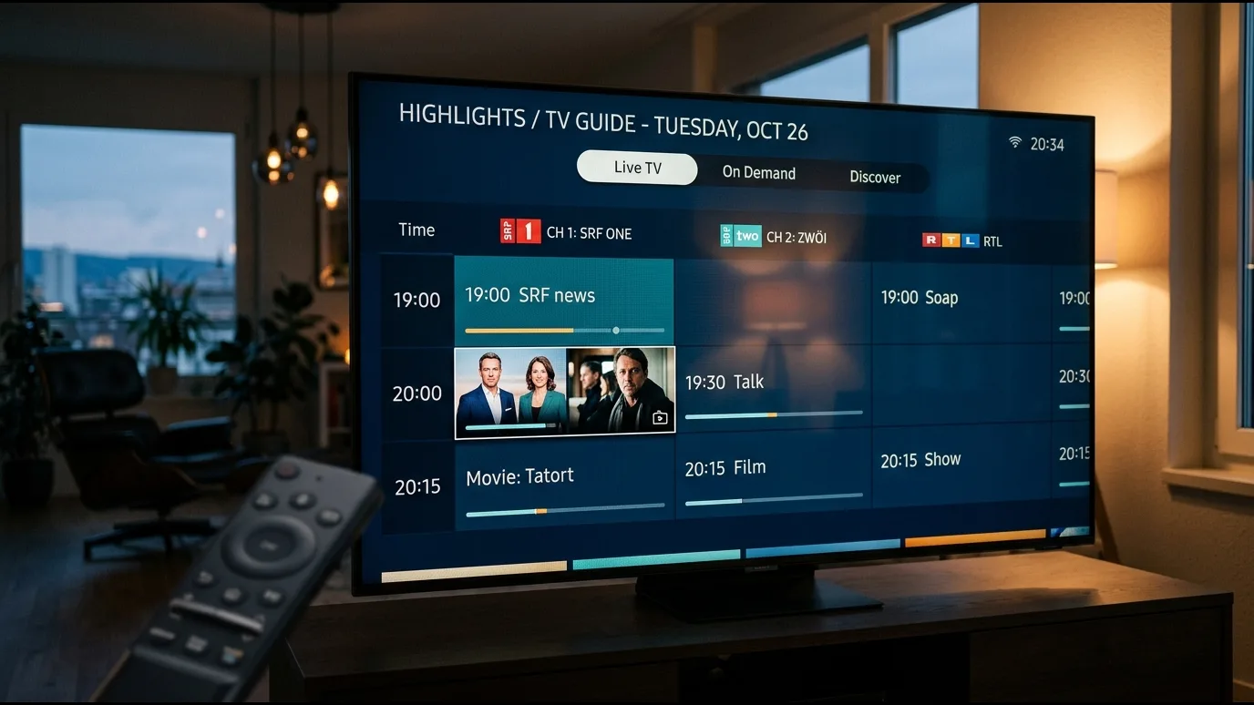 Gros plan sur une télécommande et une interface IPTV sur écran flou en arrière-plan