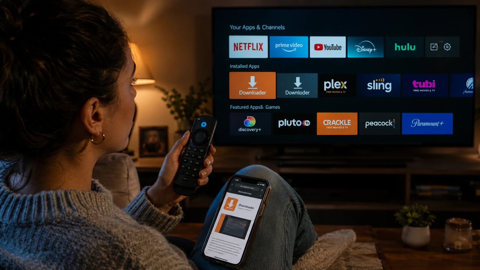 Boîtier Firestick branché derrière une Smart TV dans un salon lumineux